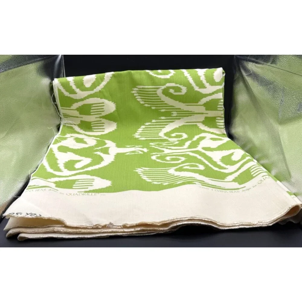 Quadrille Linen Fabric Nomad Green Hand Printed Large Ikat Print